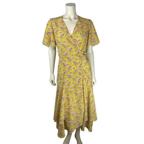 Roller Rabbit Yellow Floral Print Wrap Dress Size S Midi Prana Filena Ruffle - Picture 1 of 10